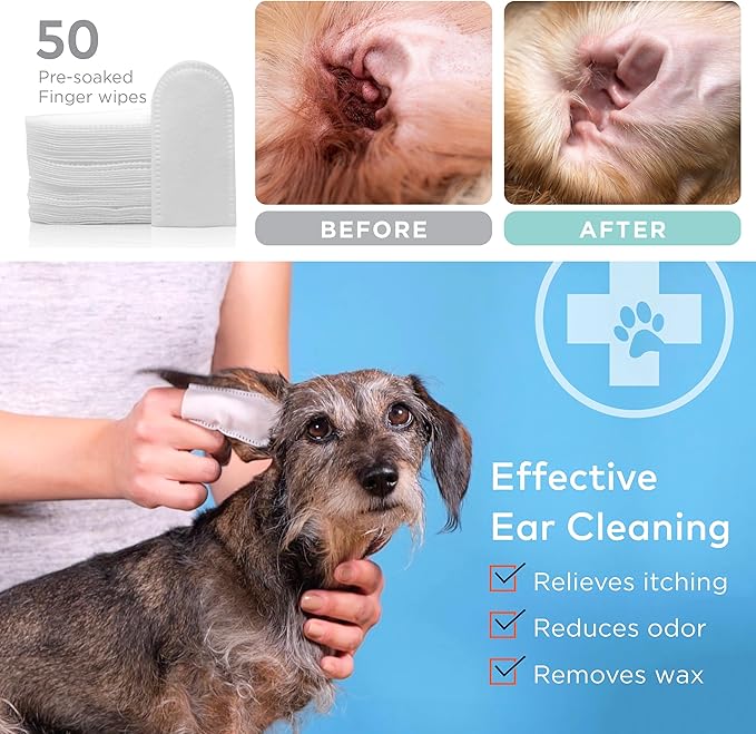 Dog Ear Cleaner Wipes - Vet Formulated Cleanser for Dogs - Ear Itching, Dissolves Wax, Dirt & Odor with Coconut Oil & Aloe Vera (50 Finger Wipes)