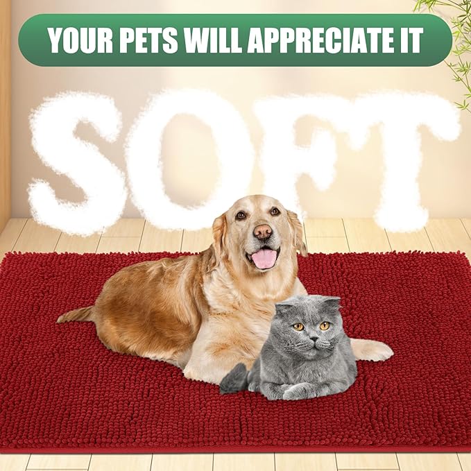IM HOME Chenille Absorbent Outdoor Doormat 48" x 30", Washable Muddy Door Mats for Dog Non Slip Indoor Doormat Dog Mat for Muddy Paw Front Inside Doormats for Entryway Red Burgundy