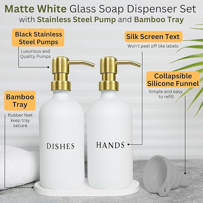 White Glass Hand and Dish Soap Dispenser Set - Modern Farmhouse Sink Accessories - Liquid Soap Dispenser - 16 oz Kitchen Sink Soap Dispenser Set with Tray, Gold Pumps & Funnel