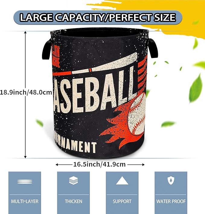 Baseball Laundry Basket Foldable Oxford Cloth Funny Tote Bag Laundry Hamper Clothes Storage Bucket Toy Organizer For Bathroom/Laundry Storage/Bedroom 18.9x16.5 Inch