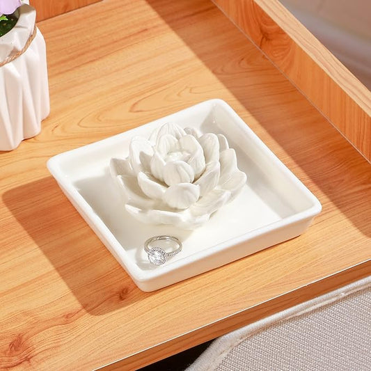 PUDDING CABIN White Lotus Ring Holder Dish, Jewelry Holder for Rings Earrings Necklace Bracelets Organizer, Birthday Wedding Christmas White Valentine's Day Gifts for Women Her