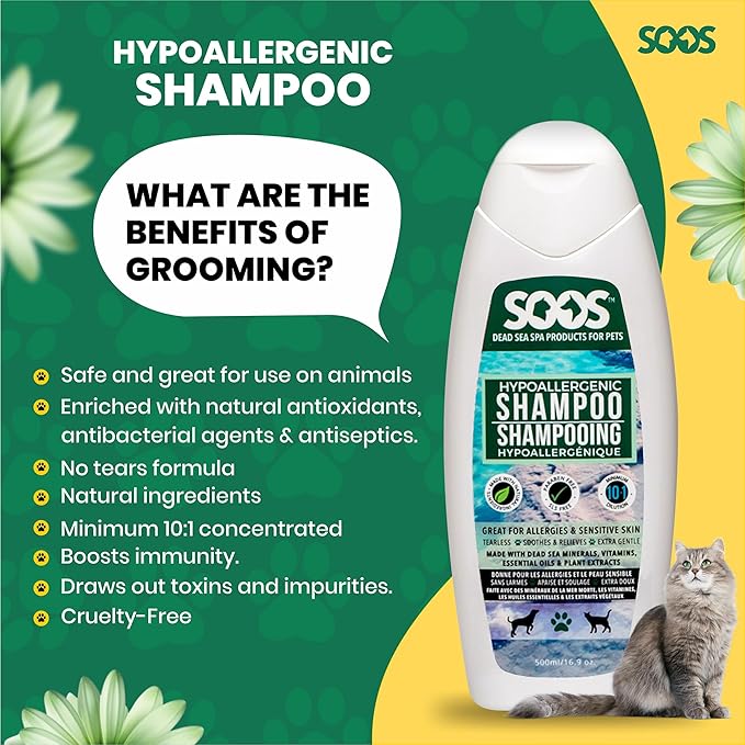 Soos Pet Dog Shampoo for Cats and Pets Hypoaller-genic Natural Dead Sea Minerals Fast Absorbing with Vitamins Essential Oils Natural Elements Antiba-cterial - 1x Pet Shampoo (500ml)