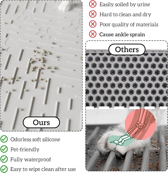 OHMO Cat Litter Mat Large Trapping Mat Premium Silicone Rubber 31.5x23.6 Grey, Waterproof and BPA Free Kitty Litter Box Mat, Easy to Clean and Keeps The Floor Tidy