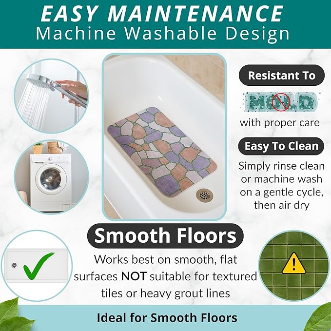 ENKOSI Non Slip Shower Mat – Bath Mat for Tub and Shower Floors – Anti Slip Bathtub Mat with Strong Suction Cup Grip – Unique Design Soft Bathroom Mat for Inside Baths and Showers (28x16 Stone Path)