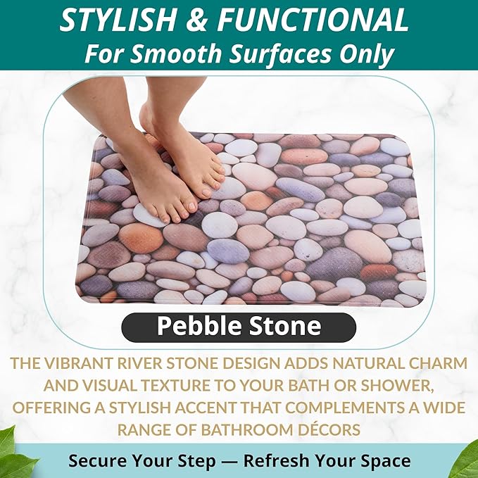 ENKOSI Non Slip Bath Mat for Tub and Shower Floors – Anti Slip Shower Mat with Strong Secure Grip – Unique Pebble Stone Print Bathroom Mat for Inside Bathtub and Smooth Stalls (28x16 Pebble Stone)