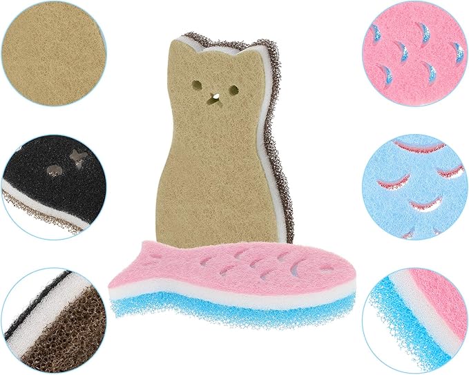 8 Pieces Kitchen Scrub Sponges Cat Fish Cleaning Sponge Dishwashing Scrubber Non-Scratch Multi-Use Sponges for Dishes Pots Pans Sinks