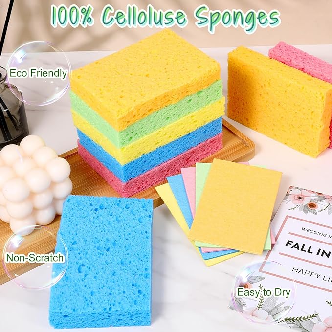 100 Pack Multi-Purpose Sponge Pads, Kitchen Sponge Bulk Reusable Absorbent Compressed Wood Pulp Dish Sponges for Cleaning, Effective Clean The Surface Stains Without Scratching for Kitchen Bath