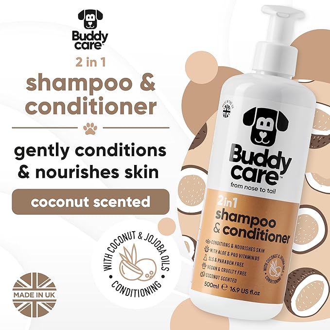 2in1 Dog Shampoo and Conditioner (16.90oz) | Coconut Scented Dog Shampoo Sensitive Skin | Hypoallergenic Itch Relief for Smelly Dogs | Essential Dog Grooming Supplies