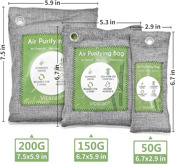 12 Pack Bamboo Charcoal Air Purifying Bag, Activated Charcoal Bags Odor Absorber, Moisture Absorber, Natural Car Air Freshener, Shoe Deodorizer, Odor Eliminators For Home, Pet, Closet (8x50g, 4x200g)
