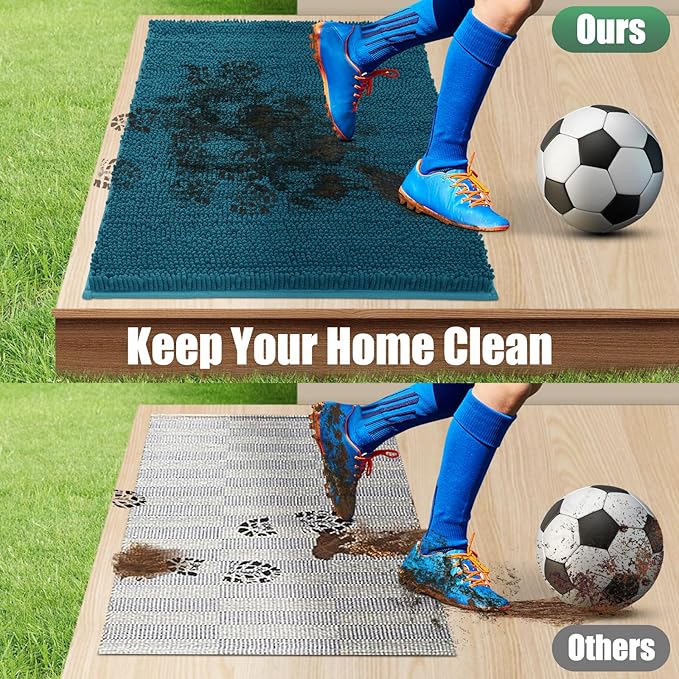 IM HOME Chenille Absorbent Outdoor Doormat 71" x 25", Washable Muddy Door Mats for Dog Non Slip Heavy Indoor Doormat Soft Front Inside Doormats for Entryway, Mud Dog Paws, Patio Teal Blue