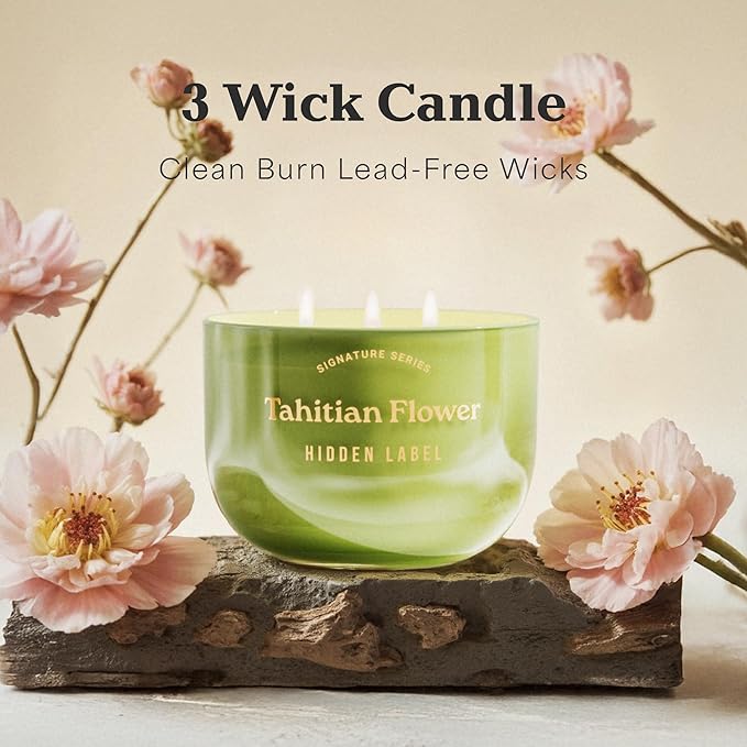 Hidden Label Tahitian Flower Scented Candles,3-Wick Aromatherapy Candle – 18oz, 70-Hour Burn Time, 100% Natural Soy Wax, Luxury Home Scent & Décor for Women and Men