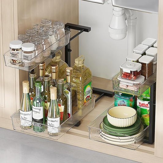 2 Pack Under Sink Organizer, 2 Tier Pull Out Storage Organizer, Slide Out Storage Shelf for Bathroom & Kitchen, Under Cabinet Organizer and Storage with 5 Gears Height Adjustable (Black)