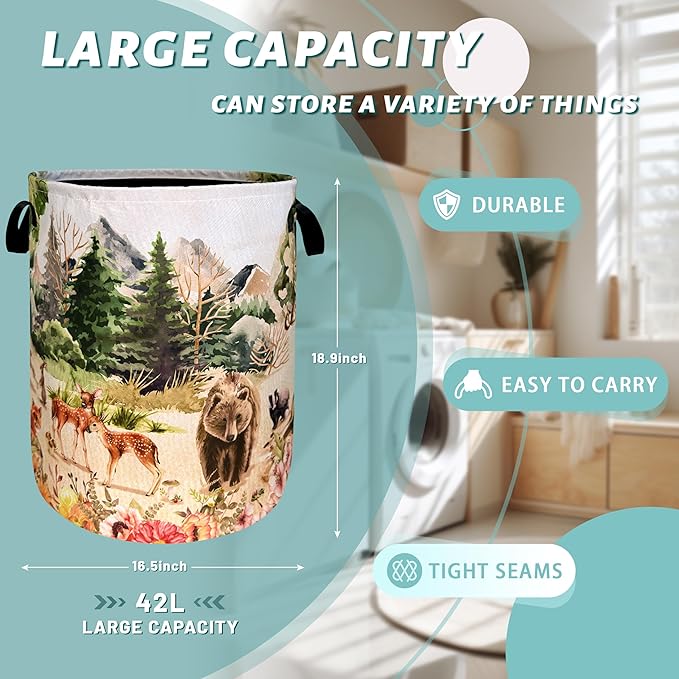 Watercolor Animals Laundry Hamper With Handles Foldable Oxford Cloth Animal Bear Deer Tote Bag Funny Laundry Basket Clothes Toy Storage Bucket Men Women 18.9" x 16.5" For Bathroom/Laundry/Bedroom