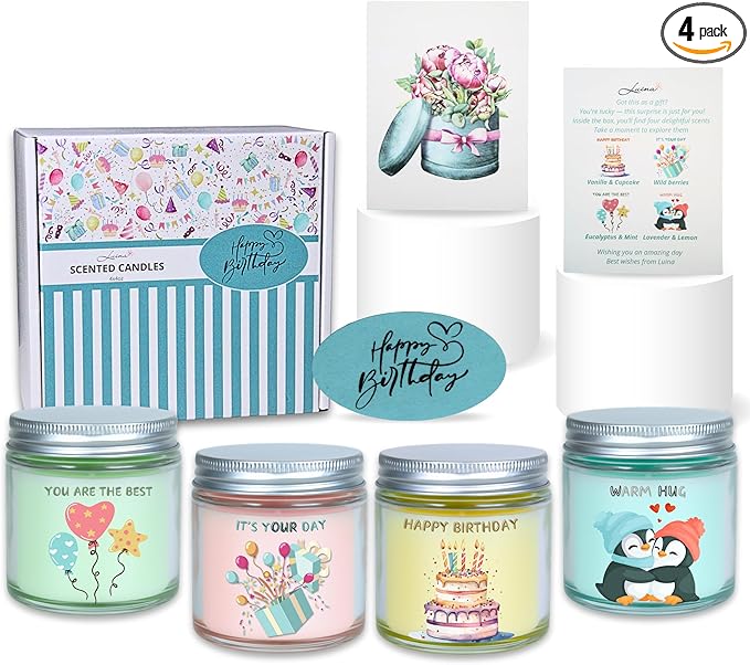 Luina Birthday Candle Gift Set, 4 Pack Natural Soy Wax Candles in Glass Jars, Relaxing Aromatherapy Candles for Women and Mom, Stress Relief and Birthday Presents