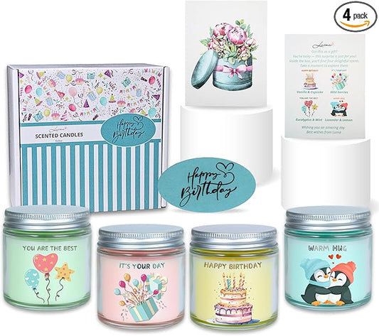 Luina Birthday Candle Gift Set, 4 Pack Natural Soy Wax Candles in Glass Jars, Relaxing Aromatherapy Candles for Women and Mom, Stress Relief and Birthday Presents