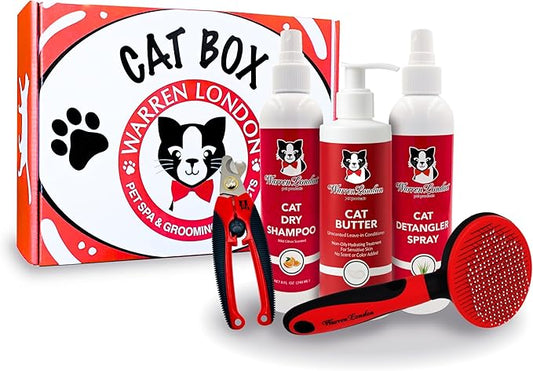 Warren London Ultimate Cat Grooming Gift Box – 5-in-1 Premium Kit with Detangler Spray, Hydrating Butter, Waterless Dry Shampoo, Self-Cleaning Pin Brush & Nail Clippers | Complete at-Home Cat Spa Set