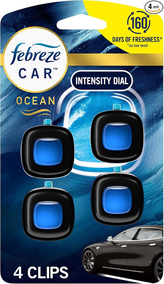 Febreze Car Ocean Scent Air Freshener Vent Clip, .07 oz. Car Vent Clip, Pack of 4