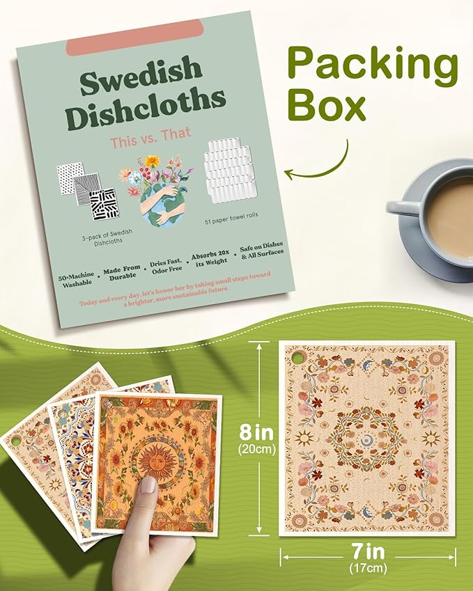 6 Pack Swedish Dishcloths for Kitchen - Reusable Dish Cloths for Washing Dishes Absorbent Cute Funny Kitchen Towels Cleaning Sponge, Bohemi