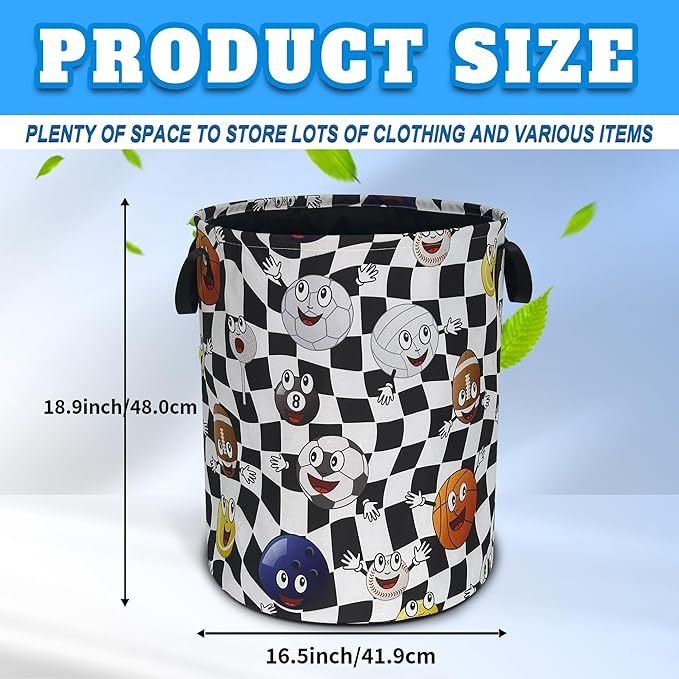Ball Laundry Basket Oxford Cloth Funny Various Types Of Balls Laundry Hamper With Handle Foldable Portable Clothes Storage Basket 18.9 X 16.5 Storage Bag For Laundry Room/Bathroom/Bedroom/Dormitories