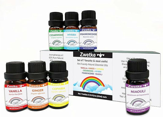 Premium Pet-Friendly Essential Aromatherapy Oils Gift Set – 7 Natural Scents: Vanilla, Ginger, Cedarwood, Copaiba, Myrrh, Frankincense, Niaouli – Safe for Dogs, Cats & Family – Relaxation & Diffuser