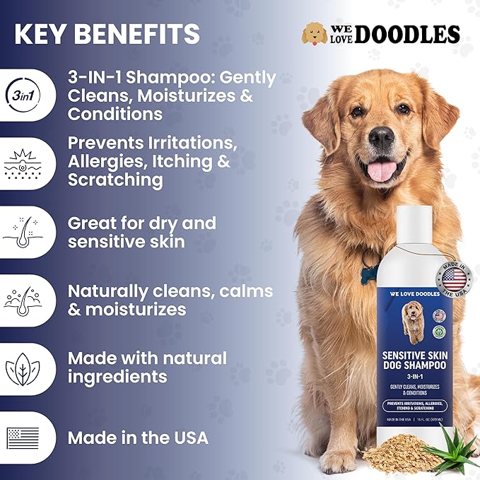 We Love Doodles Premium 3-in-1 Sensitive Skin Dog Shampoo and 2 Pack Bath Brush - for Allergies, Itching, Scratching, Made in USA, Pet Rubber Brush for Shower Scrubbing & Soothing Massage