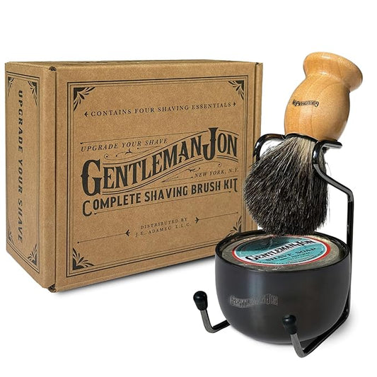 Gentleman Jon Complete Shaving Brush Kit – Old Fashion Shaving Kit for Men, Includes Shave Brush, Shave Bowl, Shave Soap & Stand, Vintage Wet Shave Mug, Barber-Style 4-Piece Gift Set