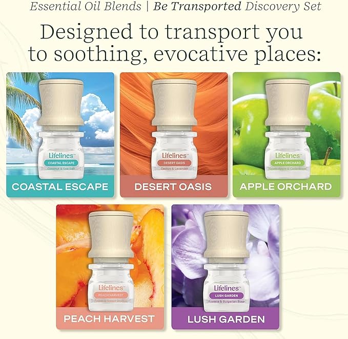 Lifelines Essential Oil Blends, 5-Pack Be Transported Discovery Set - Blended Essential Oils with Precision Pump for Aromatherapy Diffusers - Long-Lasting Scented Fragrance