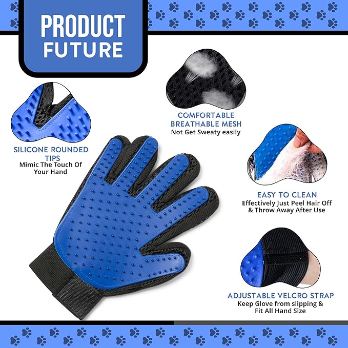 Pet Grooming Glove & Dog Bath Brush Set – Deshedding Gloves for Cats & Dogs + Silicone Scrubber – Grooming Mitts for Bath, Shedding & Massage – Blue