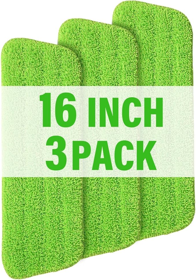 16.5 inch Mop Pads Refills, 3 Pack Microfiber Reusable Replacement Mop Pads Flat Replacements Heads for Wet Or Dry Floor Cleaning and Scrubbing, Green Cloth
