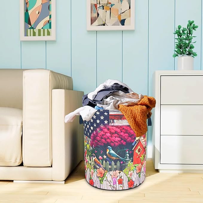 American Flag Garden Birds Laundry Basket Oxford Cloth Laundry Hamper With Handle Foldable Portable Clothes Storage Basket 18.9 X 16.5 In Storage Bag For Laundry Room/Bathroom/Bedroom/Dormitories