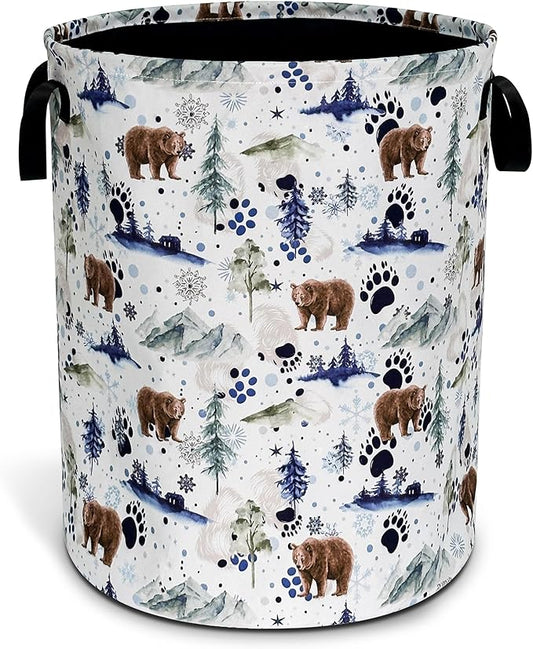 Bear Laundry Basket Oxford Cloth Bear Paw Forest Animal Laundry Hamper With Handle Foldable Portable Clothes Storage Basket 18.9 X 16.5 Inch Storage Bag For Laundry Room/Bathroom/Bedroom/Dormitories
