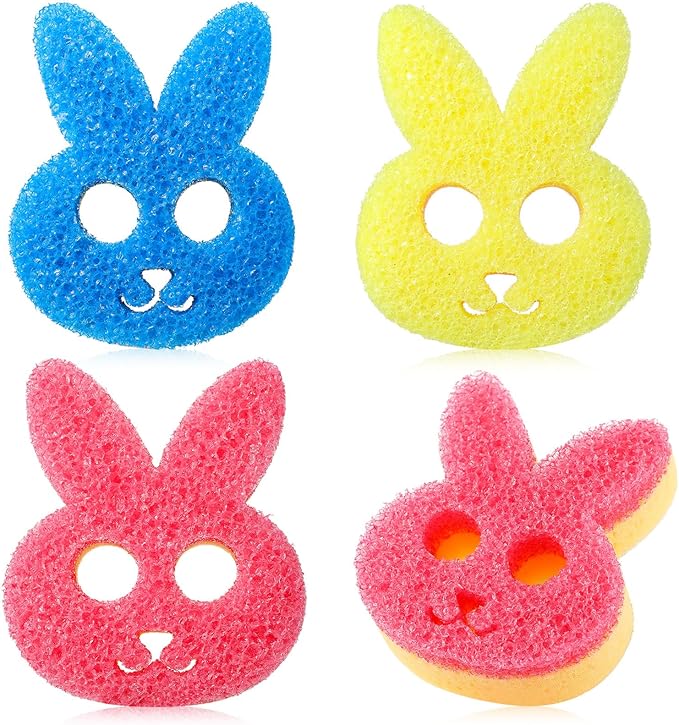 3 Pcs Dual Sided Scrub Sponge Multi Functional Cute Temperature Sensitive Non Scratch Dish Sponge for Washing Dishes Kitchen Bathroom(Rabbit)