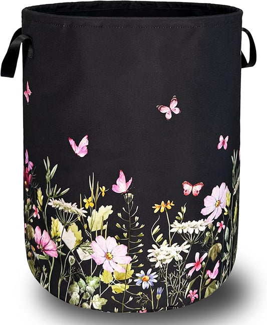 Beautiful Flowers Laundry Hamper With Handles Foldable Oxford Cloth Butterfly Tote Bag Floral Colorful Laundry Basket Clothes Toy Storage Bucket 18.9"x16.5" For Bathroom/Laundry/Bedroom