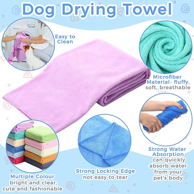 Moukeren 12 Pcs Dog Towels Bulk 20'' x 39'' Microfiber Bath Towels for Drying Dogs Absorbent Soft Pet Grooming Towels for Small Medium Puppy Cat Bath Pet Grooming Shower Essential, 12 Colors