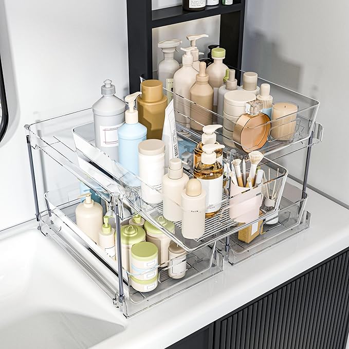 2 Tier Under Sink Organizer, 2 Pack Clear Bathroom Storage Vanity Counter Container, Cabinet Drawers Bins, Pull-Out Storage and Organization with Track for Pantry, Kitchen