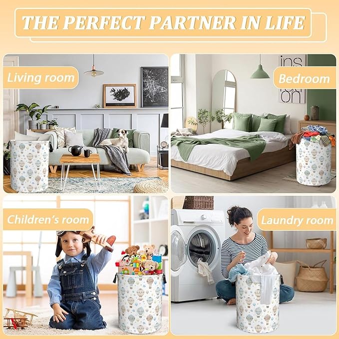 Cute Hot Air Balloon Stars Laundry Hamper Bag With Waterproof Liner - Round Laundry Basket Foldable Clothes Storage Organizer For Bathroom Bedroom Nursery Dorm, S-16.5"X 13.8"
