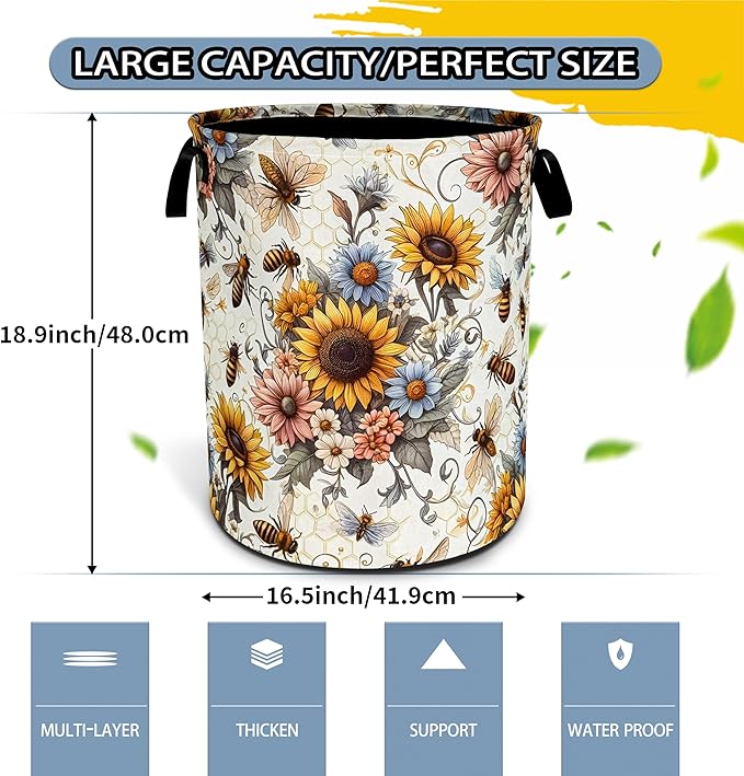 Bee Sunflower Laundry Basket Flower Foldable Oxford Cloth Funny Tote Bag Laundry Hamper Clothes Storage Bucket Toy Organizer For Bathroom/Laundry Storage/Bedroom 18.9x16.5 Inch