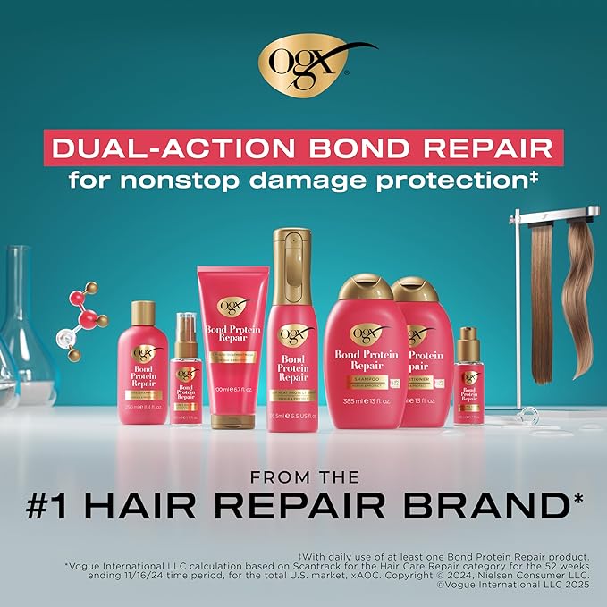 OGX Repair & Protect Bond Protein Repair 450°F Heat Protect Spray, Thermal Protection Spray for Targeted Damage Repair & Protection from Heat Damage, 6.5 fl. oz (Pack of 2)
