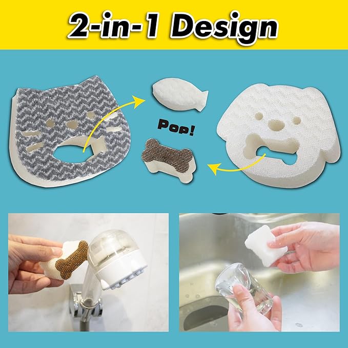2-in-1 Cat Face Sponge for Kitchen & Bath - Detachable Fish, Wall-Cling Storage, Powered by 1.8 Mil Fiber - Multi-Functional Cleaning Gadget (2 Pack) (Cat - White & Gray)