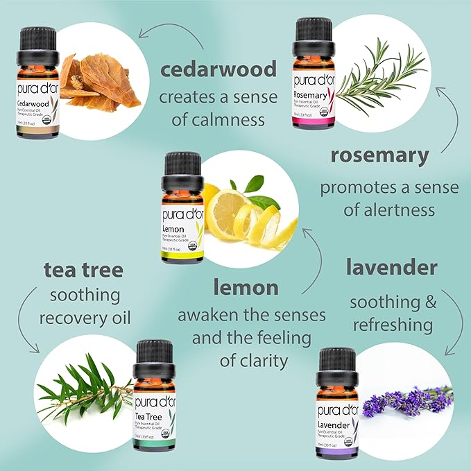 PURA D'OR Organic Perfect10 Essential Oils Set - 10x 10mL Wood Box Aromatherapy Gift Set - 100% Pure Therapeutic Grade for Relaxation and Wellness (Lavender, Peppermint, Eucalyptus, Tea Tree & More)