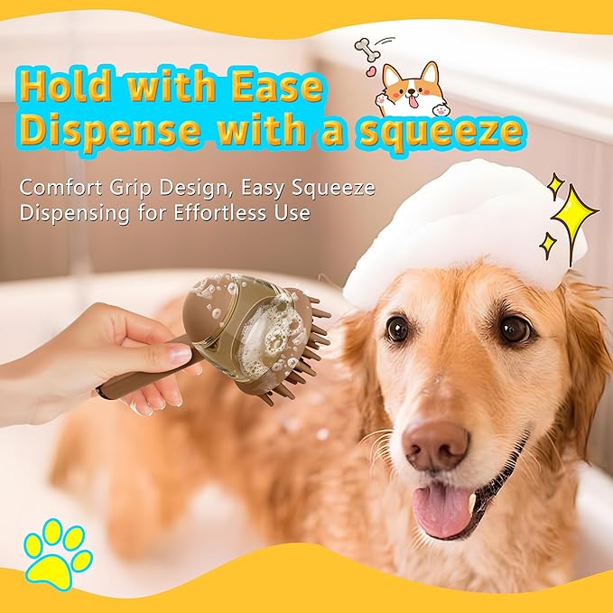 Pet Bath Brush for Dogs & Cats - Grooming Brush with Built-in Shampoo Dispenser - Massage Wash Brush for Long & Short Hair(Brown)