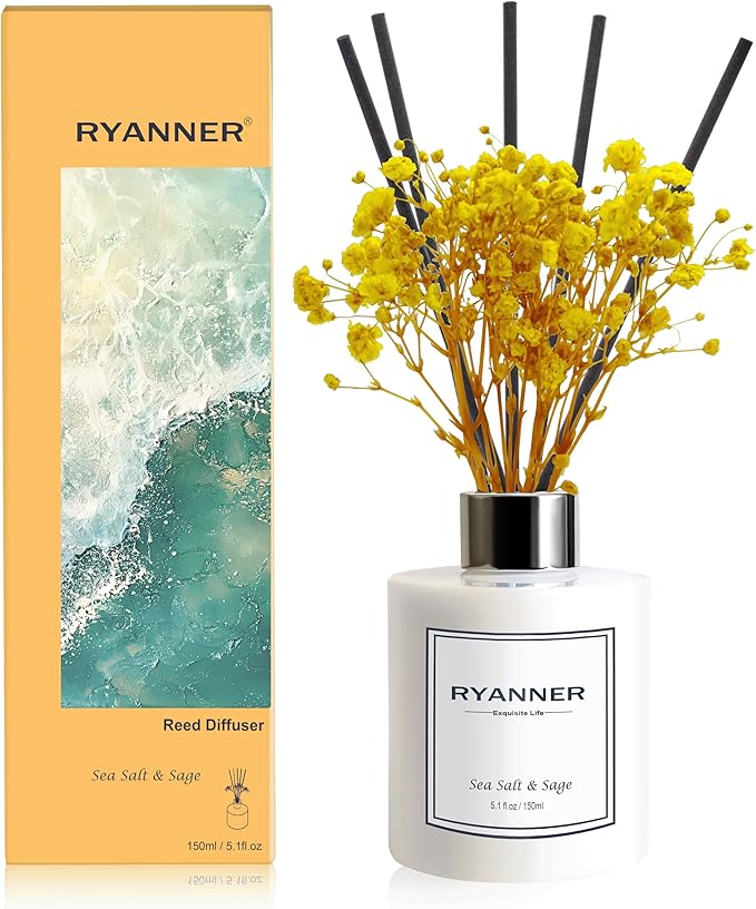 Reed Diffuser Set,5.1 fl oz Sea Salt&Sage Scent Diffuser with Sticks Home Fragrance Reed Diffuser with Essential Oil for Bathroom Shelf Decor&Air Freshener,Home Bathroom Office Decor & Gifts