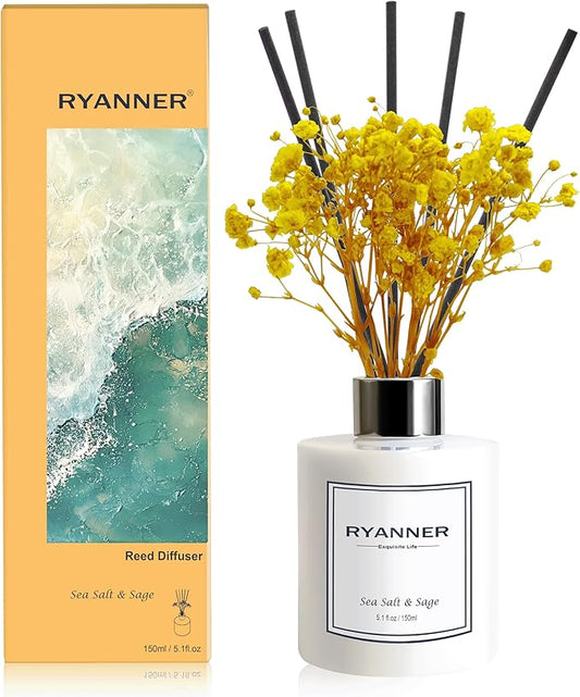 Reed Diffuser Set,5.1 fl oz Sea Salt&Sage Scent Diffuser with Sticks Home Fragrance Reed Diffuser with Essential Oil for Bathroom Shelf Decor&Air Freshener,Home Bathroom Office Decor & Gifts