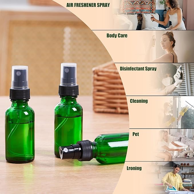 2 oz Glass Spray Bottles, Reusable Fine Mist Sprayer Small Spray Bottle, Leak-Proof Design, Perfect for Travel, Skin Care, Perfumes, Botanical, Cleansing (Green, 2oz-12pcs)