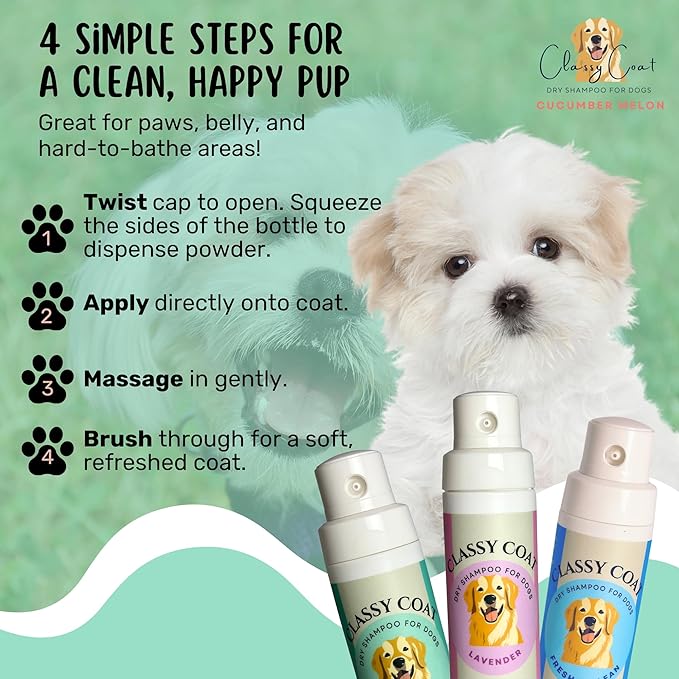 Dry Shampoo & Coat Deodorizer for Dogs (Cucumber Melon) | Waterless No-Rinse Squeeze Bottle Powder Formula | Calming Lavender Scent | Talc and Alcohol Free | Safe for Sensitive Skin | Made in USA
