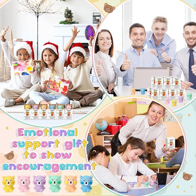 24 Set Employee Appreciation Gifts Bulk Coworkers Thank You Desk Pets Holiday Small Cute Emotional Support Resin Ornaments Card Box for Women Men Adults Office (Bear Eraser)