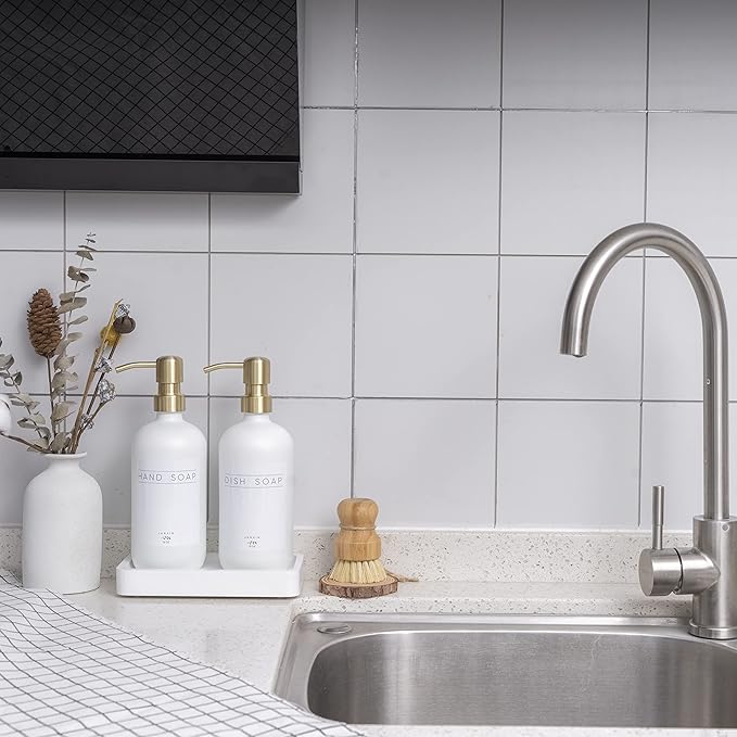 Glass Soap Dispenser for Kitchen with Stainless Steel Pump and Wood Tray, Modern Bathroom Dispenser with Waterproof Labels for Hand, Dish Soap, Lotion(White Bottles+Gold Pumps)