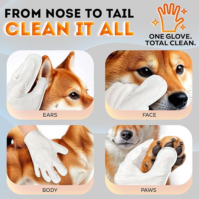 New 2025 Pet Cleaning Glove Wipes for Dogs and Cats – Hypoallergenic Hydrating & Nourishing – Suitable for Eyes, Ears, Paws & Body – Lavender Scent – Ideal for Daily Care & Travel – 18 Count (Lavanda)
