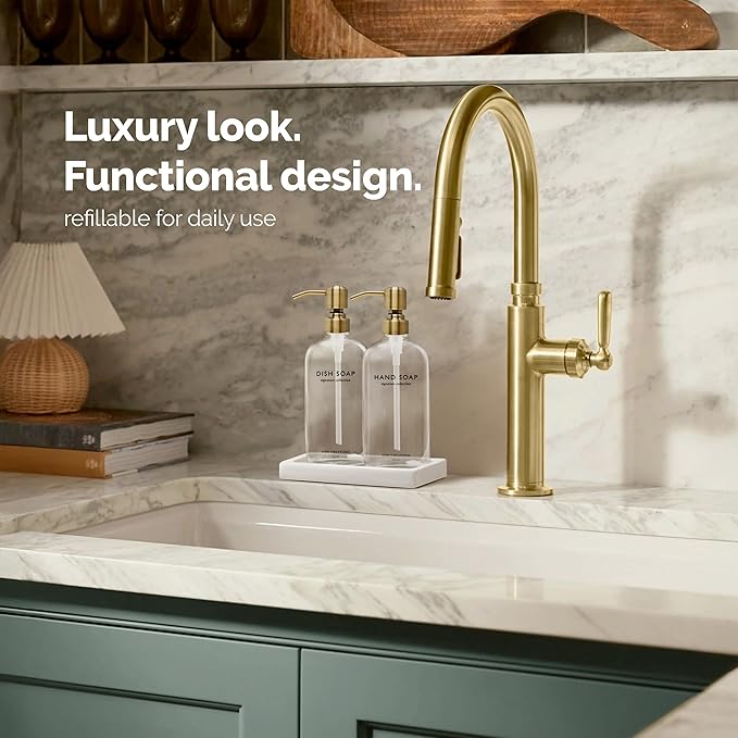 Vine Creations Glass Soap Dispenser Set, Kitchen Soap Dispenser Set with Ceramic Tray, 16 oz Dish Soap and Hand Soap Dispensers with Stainless Steel Pump Decor (Clear Bottle/Brushed Brass)