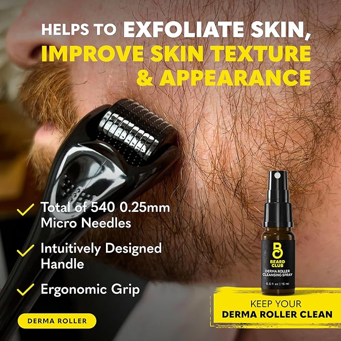 The Beard Club Titanium Beard Growth Kit - Derma Roller, Growth Oil, Vitamins, Vitamin Spray, Biotin Balm, Thickening Conditioner, Shampoo, Straight Razor, Scissors, Comb, Cleansing Spray - Gift Set